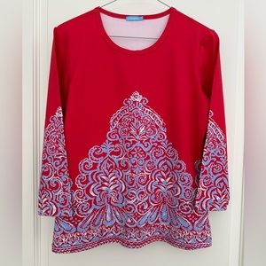 J. McLaughlin Catalina Cloth Blue Red Floral Damask Print Top Small 3/4 Sleeve
